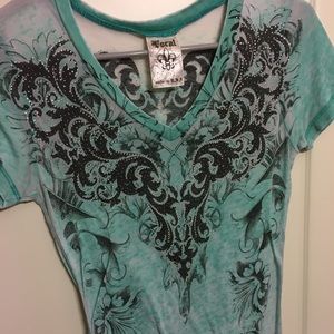 Turquoise rhinestone shirt. Western style